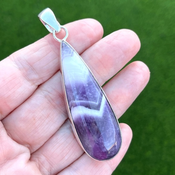 Jewelry - Large Teardrop Natural Chevron Amethyst 2.5” Sterling Silver Pendant